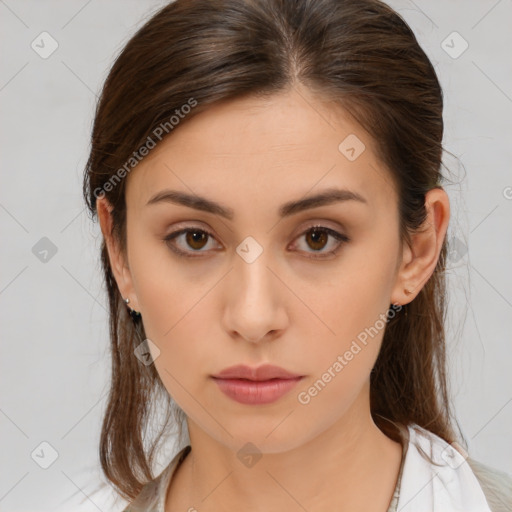 Neutral white young-adult female with medium  brown hair and brown eyes