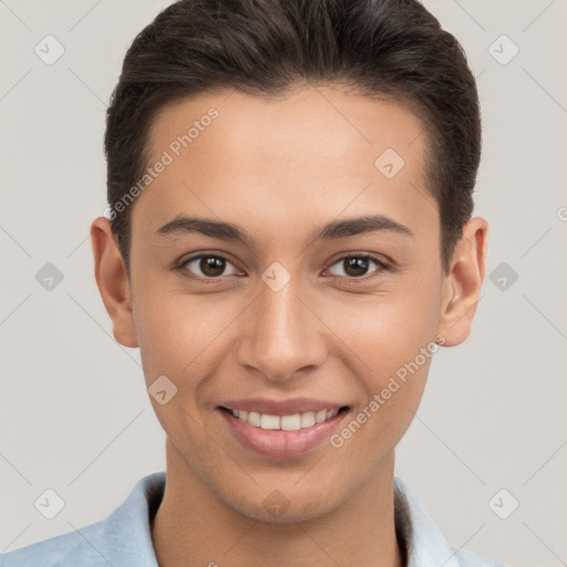 Joyful white young-adult female with short  brown hair and brown eyes