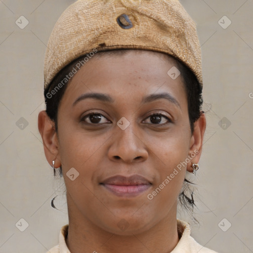 Joyful latino young-adult female with short  brown hair and brown eyes