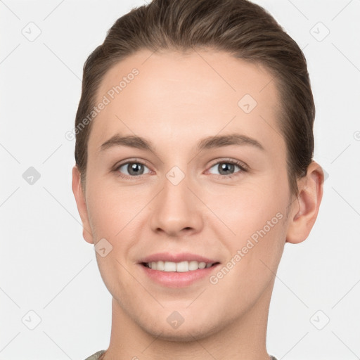 Joyful white young-adult female with short  brown hair and brown eyes