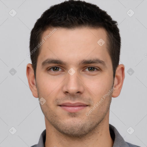 Neutral white young-adult male with short  brown hair and brown eyes