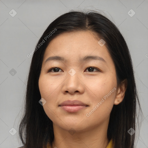 Joyful asian young-adult female with medium  brown hair and brown eyes