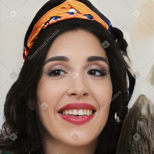 Joyful white young-adult female with long  black hair and brown eyes