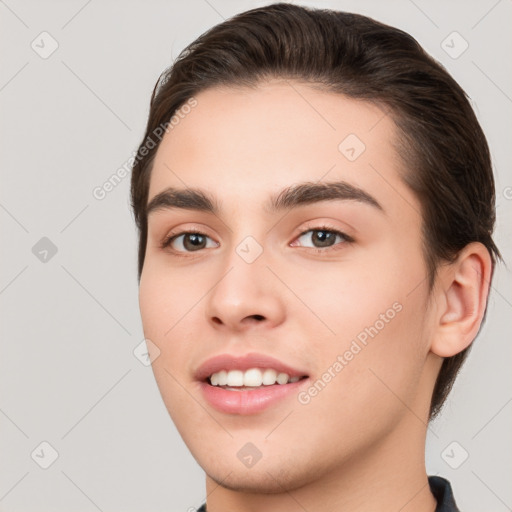 Joyful white young-adult male with medium  brown hair and brown eyes