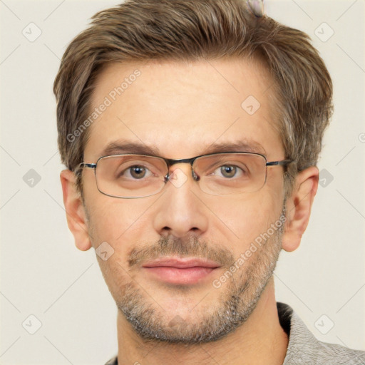 Joyful white adult male with short  brown hair and grey eyes