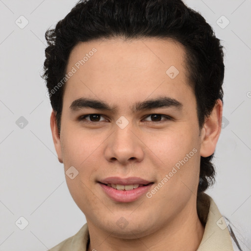 Joyful latino young-adult male with short  brown hair and brown eyes