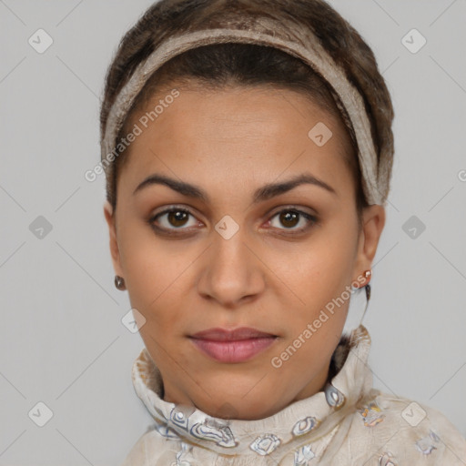 Joyful latino young-adult female with short  brown hair and brown eyes