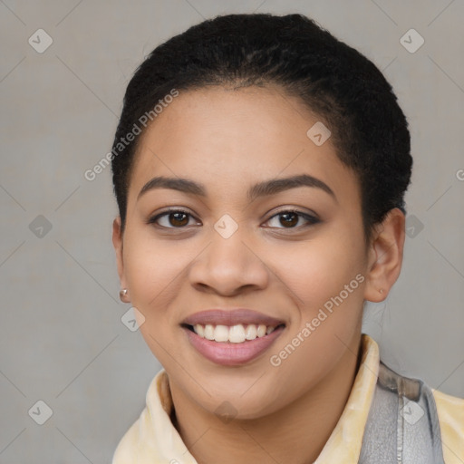 Joyful latino young-adult female with short  brown hair and brown eyes