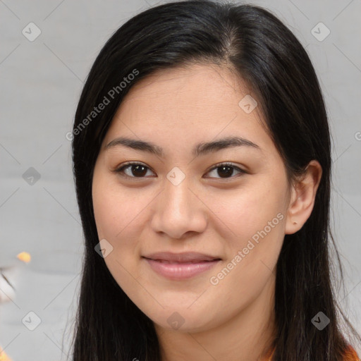 Joyful asian young-adult female with long  brown hair and brown eyes