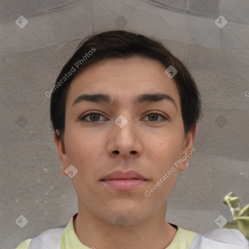 Neutral white young-adult male with short  brown hair and brown eyes