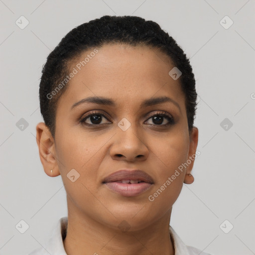 Joyful latino young-adult female with short  brown hair and brown eyes