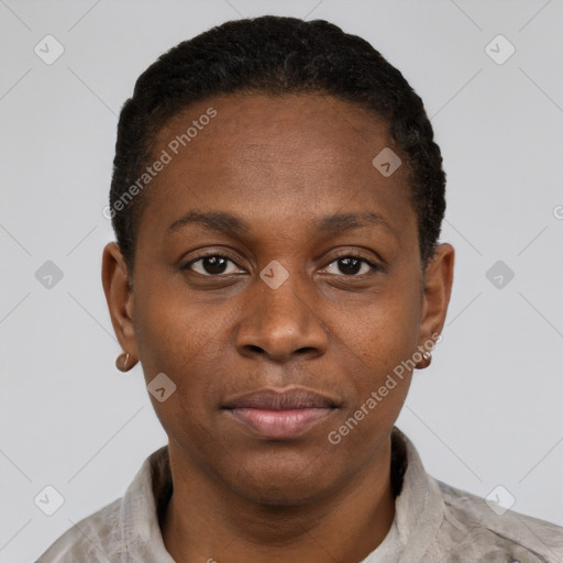 Neutral black young-adult female with short  brown hair and brown eyes