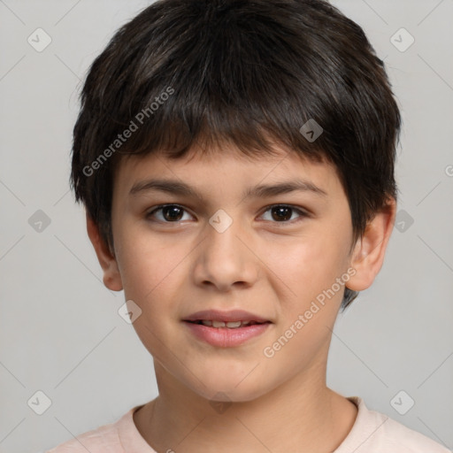 Joyful white child male with short  brown hair and brown eyes