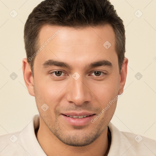 Joyful white young-adult male with short  brown hair and brown eyes