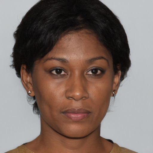 Joyful asian adult female with short  brown hair and brown eyes