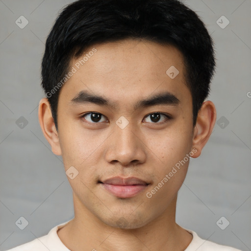 Joyful asian young-adult male with short  black hair and brown eyes