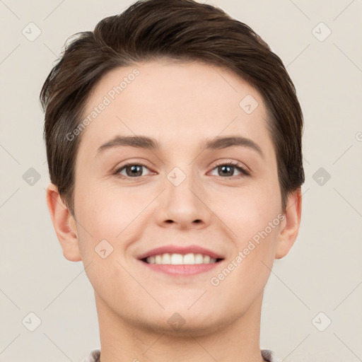 Joyful white young-adult female with short  brown hair and brown eyes