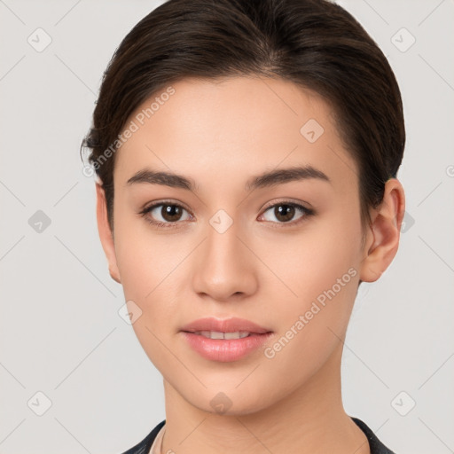 Neutral white young-adult female with short  brown hair and brown eyes