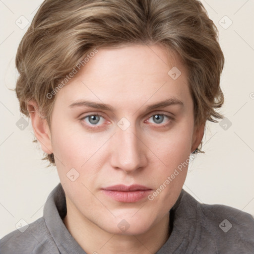 Joyful white young-adult female with medium  brown hair and blue eyes