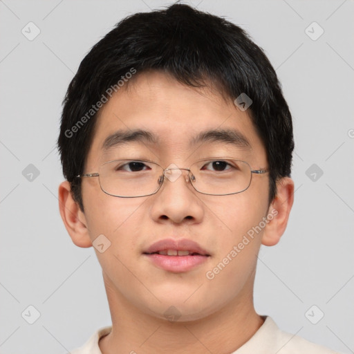 Neutral asian young-adult male with short  brown hair and brown eyes