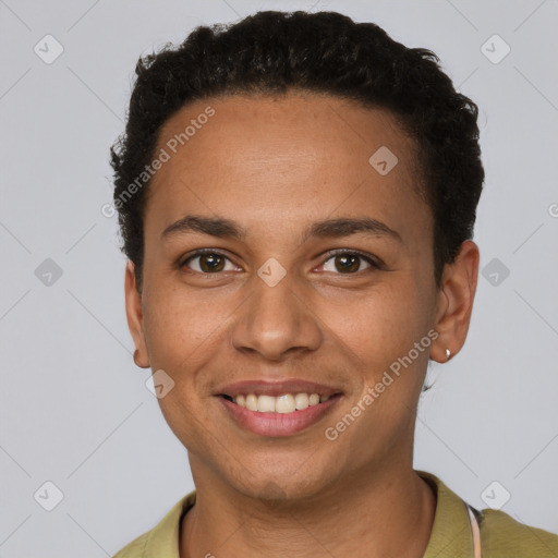 Joyful white young-adult female with short  brown hair and brown eyes