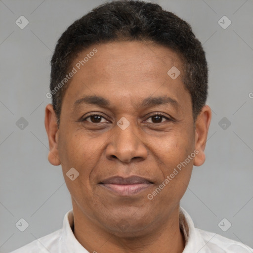 Joyful latino adult male with short  brown hair and brown eyes