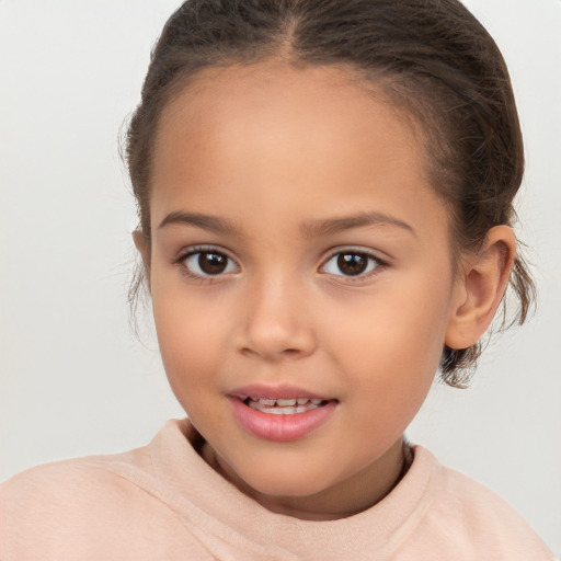 Joyful white child female with medium  brown hair and brown eyes