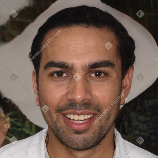 Joyful white young-adult male with short  black hair and brown eyes