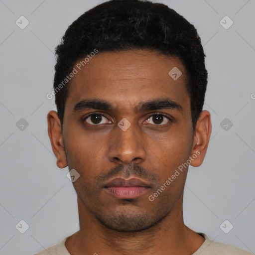 Neutral latino young-adult male with short  black hair and brown eyes