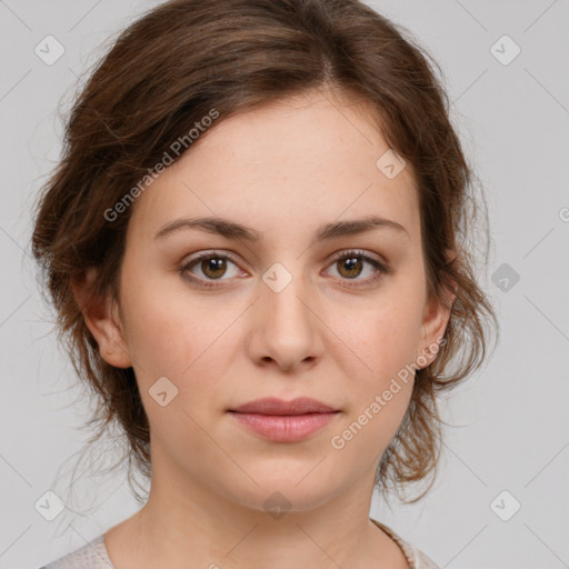 Joyful white young-adult female with medium  brown hair and green eyes