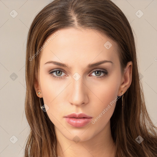 Neutral white young-adult female with long  brown hair and brown eyes