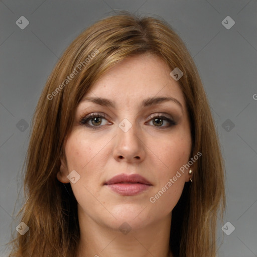 Neutral white young-adult female with long  brown hair and brown eyes