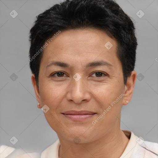 Joyful white adult female with short  brown hair and brown eyes