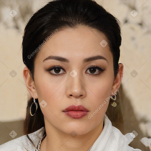 Neutral asian young-adult female with medium  brown hair and brown eyes