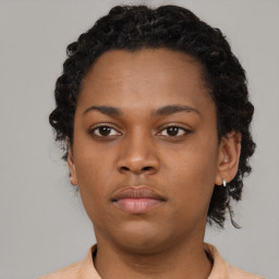 Neutral black young-adult female with short  black hair and brown eyes