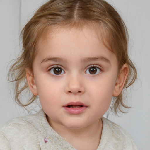 Neutral white child female with medium  brown hair and blue eyes