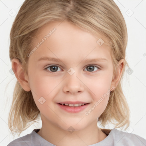 Joyful white child female with medium  brown hair and brown eyes