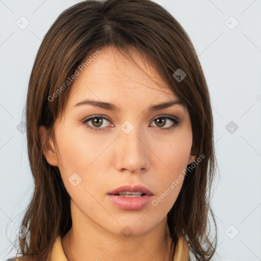 Neutral white young-adult female with long  brown hair and brown eyes