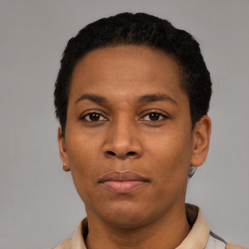 Neutral latino young-adult female with short  black hair and brown eyes