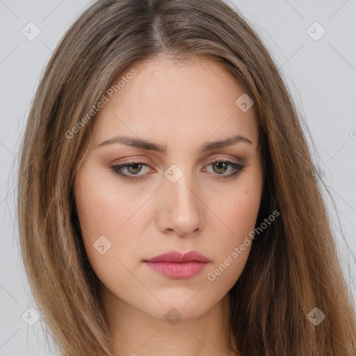 Neutral white young-adult female with long  brown hair and brown eyes