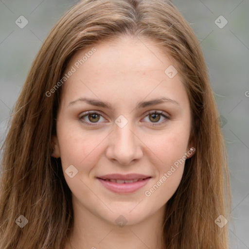 Joyful white young-adult female with long  brown hair and green eyes