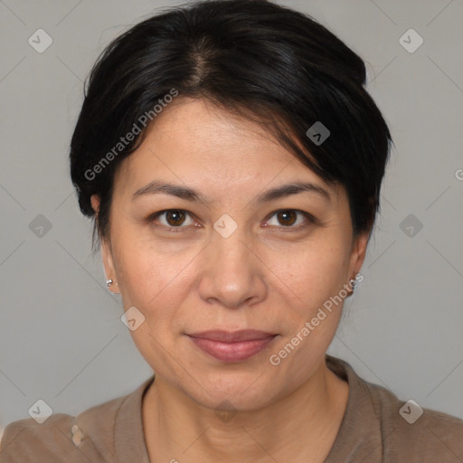 Joyful white adult female with medium  brown hair and brown eyes