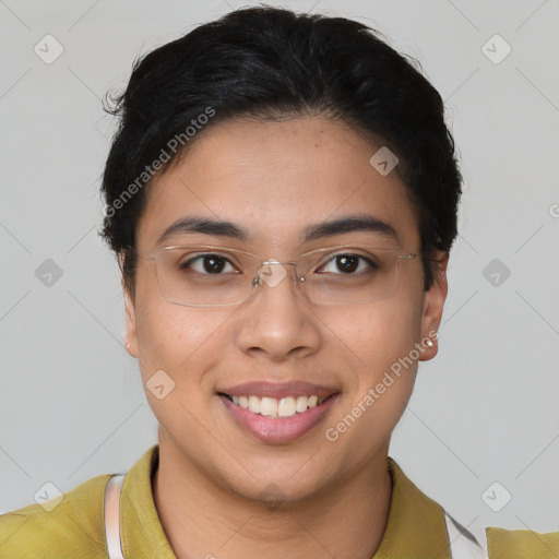 Joyful latino young-adult female with short  brown hair and brown eyes