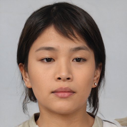 Neutral asian young-adult female with medium  brown hair and brown eyes