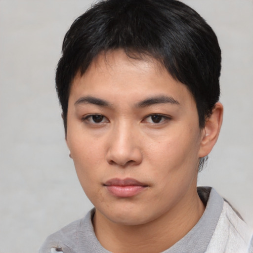 Neutral asian young-adult female with short  black hair and brown eyes