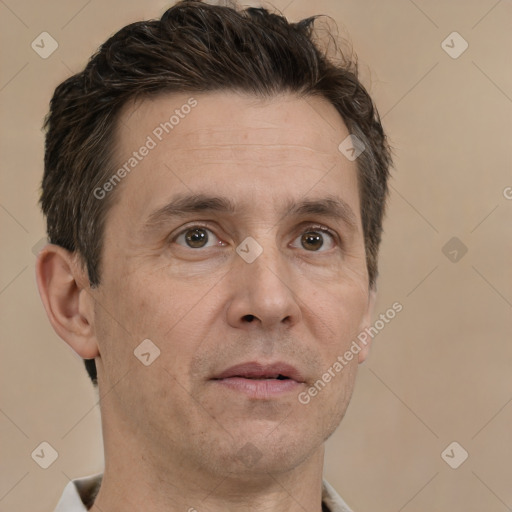 Neutral white adult male with short  brown hair and brown eyes