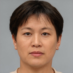 Joyful asian adult female with short  brown hair and brown eyes