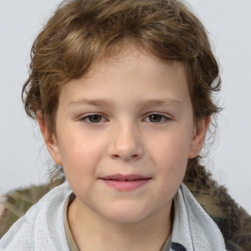 Joyful white child female with medium  brown hair and brown eyes