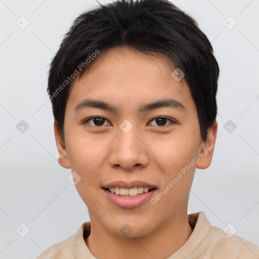 Joyful asian young-adult female with short  brown hair and brown eyes