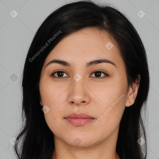 Neutral asian young-adult female with long  black hair and brown eyes